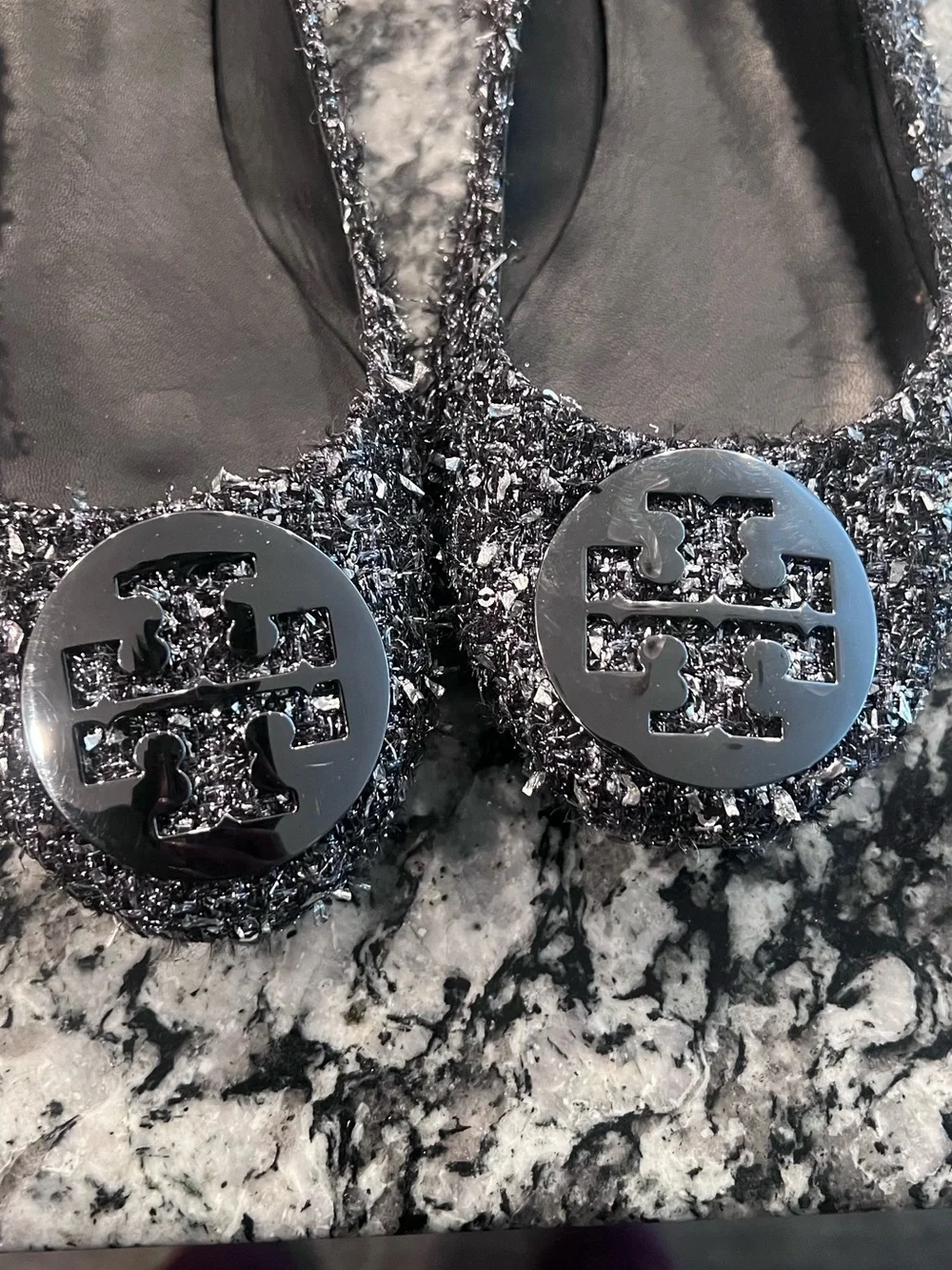 Tory Burch Black-and-Silver Tweed Ballet Flats with Logo Emblem